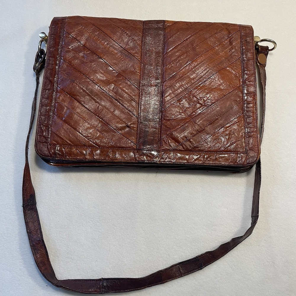 Vintage Eel Skin Leather Crossbody‎ Purse Brown Shoulder Bag Magnetic Closure